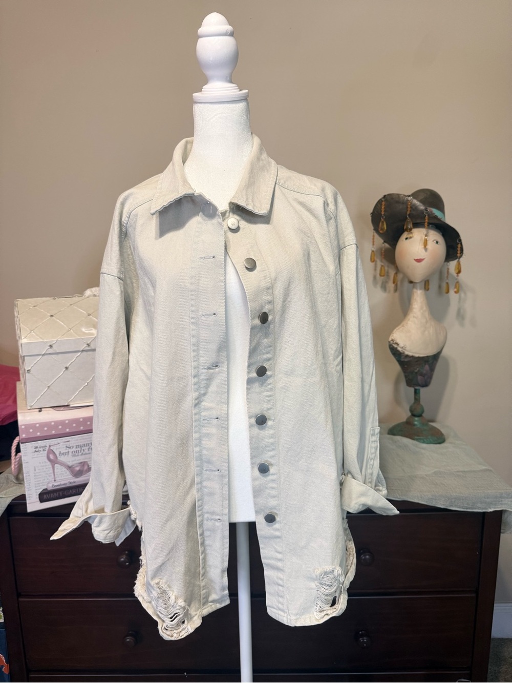 Women's cream colored Distressed Jean Shacket